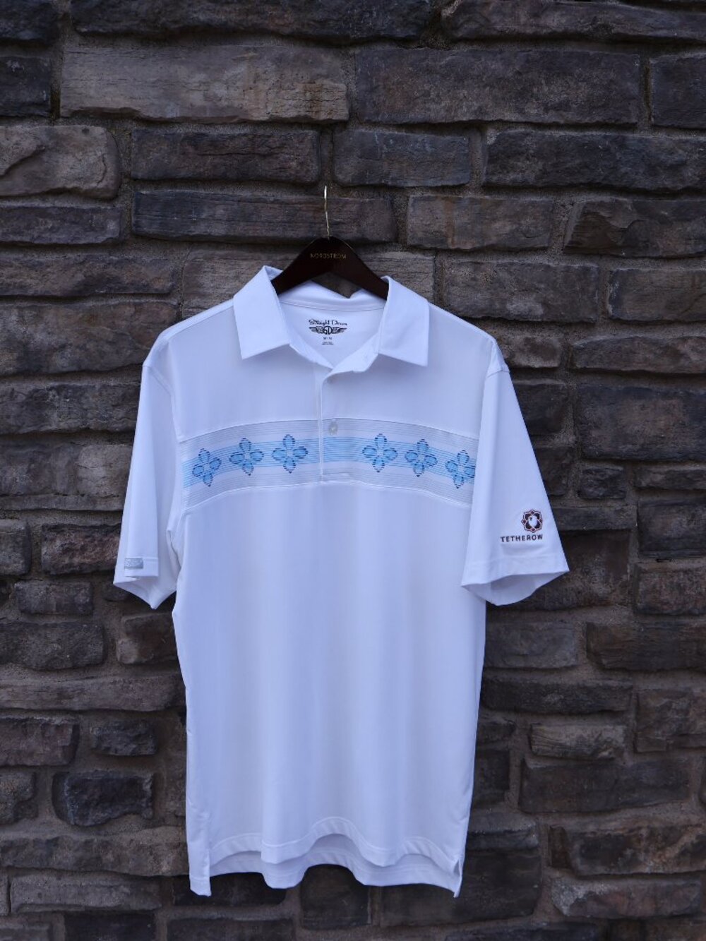 Straight Down White Blue Floral Golf Polo Shirt Men’s M